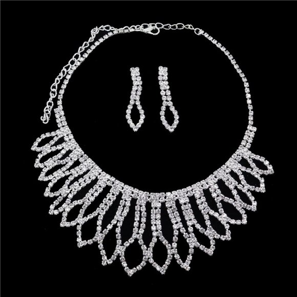 Prom Pageant Bridal Jewelry - Rhinestone Crystal Cascade Keyhole Necklace Earring Set